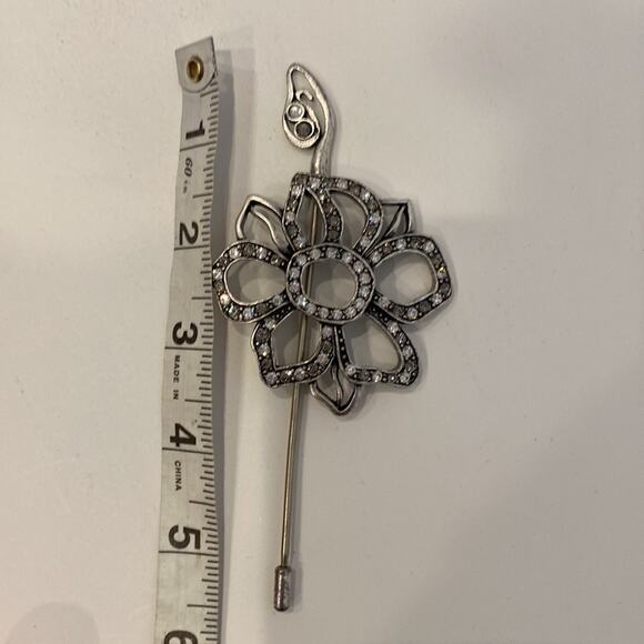 Chico’s Floral Silver Tone Metal w/ Clear Diamanté Statement Hat/Jacket Pin EUC - Picture 5 of 6